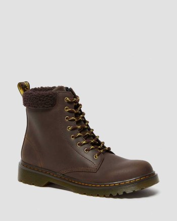 Dr Martens Youth 1460 Fleece Lined Kožené Čižmy Detske Tmavo Hnede | 7618-XWUTQ